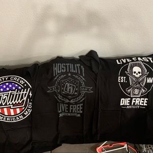Brand New Mens Hostility tee shirts. 4 T-SHIRTS FOR $25. RANDOM PICK.